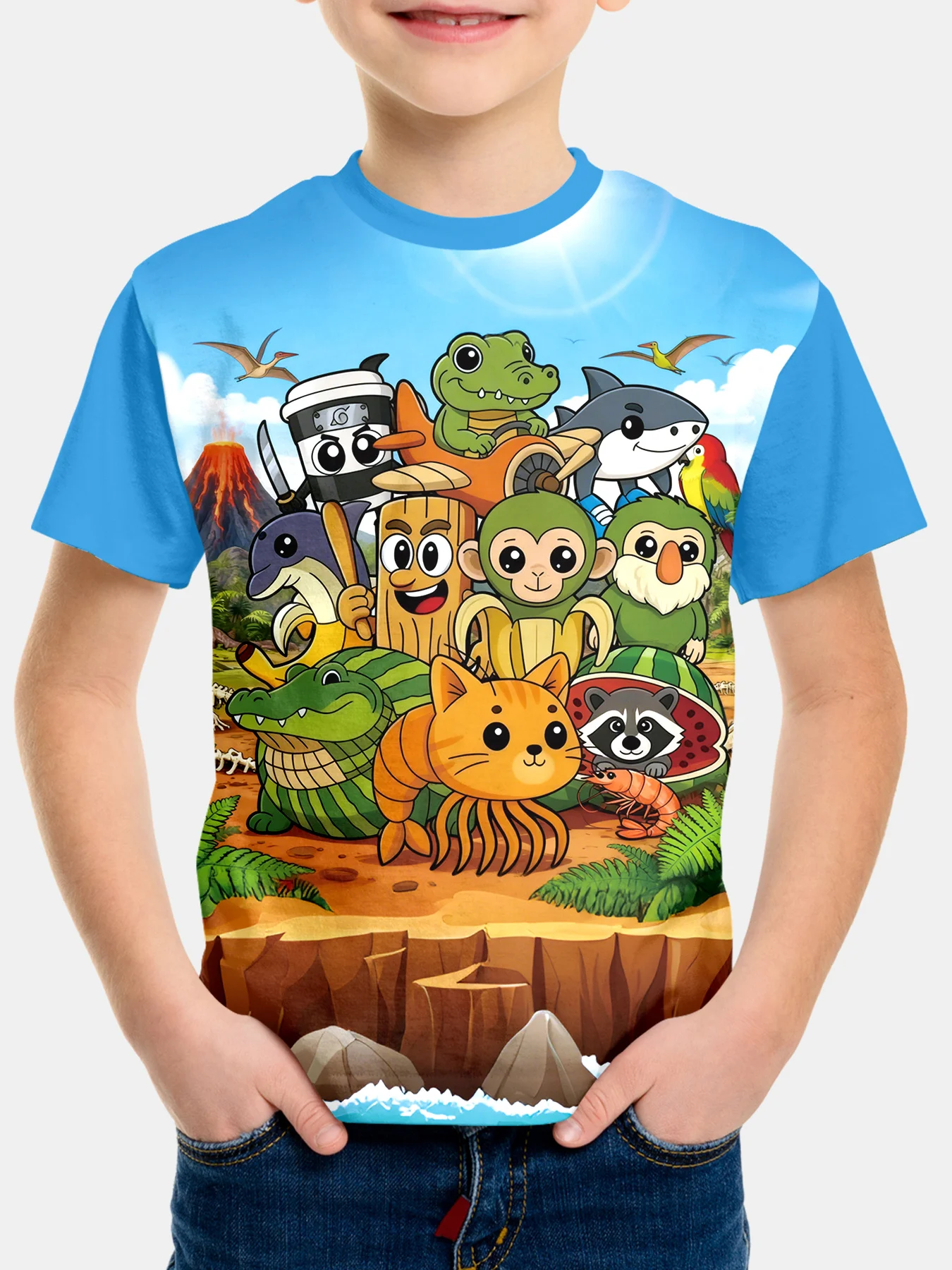Colorful Jungle Animals Kids Tshirt, Boys Short Sleeve Graphic Tee with Monkey Crocodile Shark Print Daily Tops