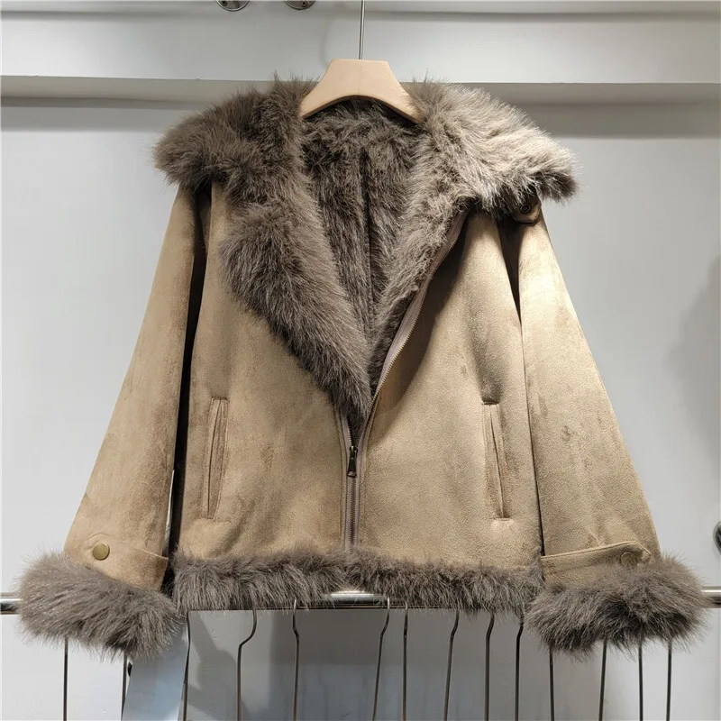 DEATผู้หญิงSuede Coat Faux Fur Turn-Down CollarซิปหนาPlushรถจักรยานยนต์สไตล์แจ็คเก็ต 2024 ฤดูหนาวใหม่แฟชั่น 29L8824