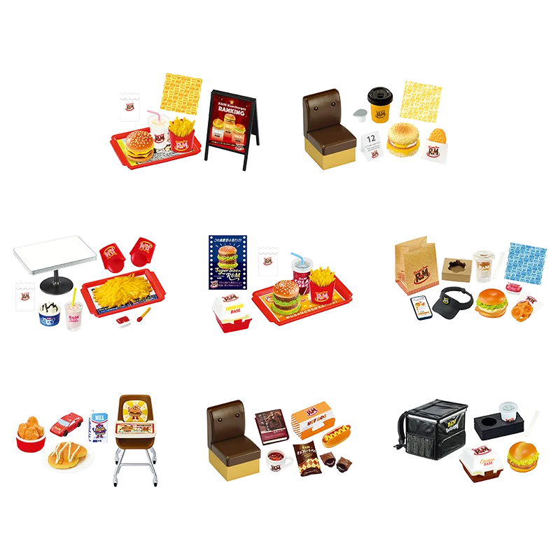 R & M-Burger Shop Miniature Scene Set, Food Play Figure, Trendy Play, Desktop Blind Box Ornament Collection, Original