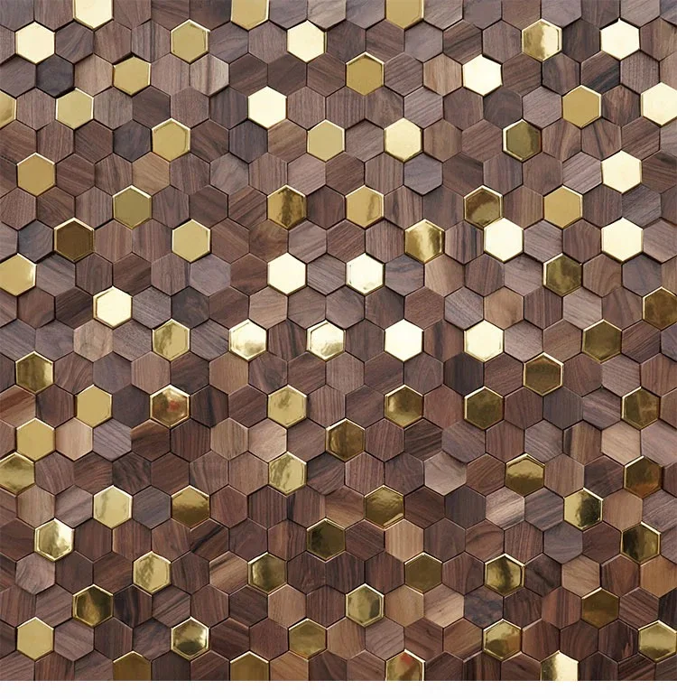 Hexagon North American Black Walnut Solid Wood Mix Gold Metal Mosaic Backsplash Tile NWMT09052