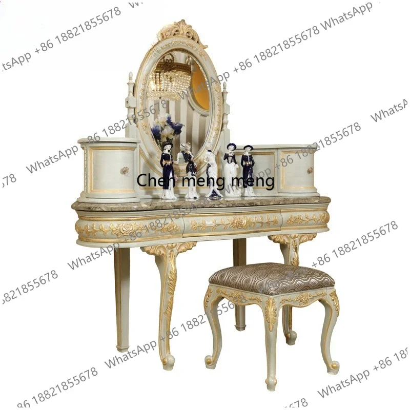 z5556European Style Solid Wood Carved Dressing Table French Bedroom Princess Makeup Table Cabinet Stool Set Furniture