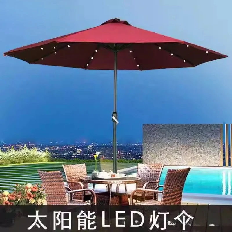 Leisure umbrella LED central column umbrella, light bulb solar light light hand crank outdoor cafe anti-splashing courtyard