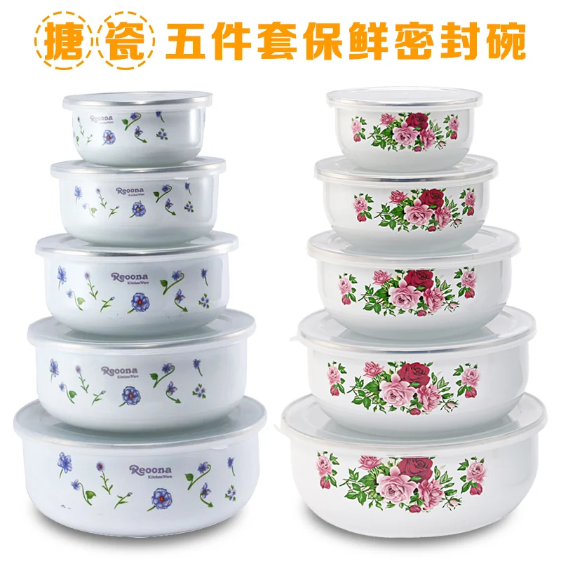 Bowl thickened with lid, old-fashioned enamel sealed bowl, nostalgic set of five bowls, food matching refrigerator