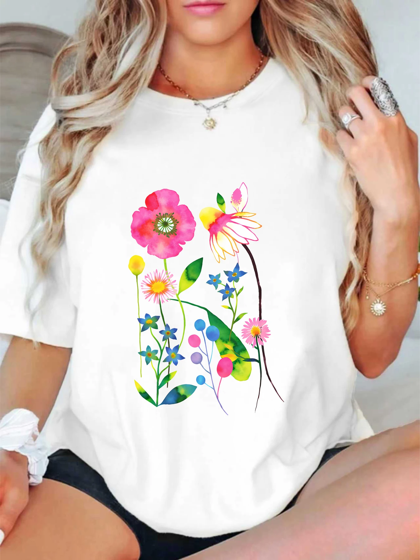 

【ZXH11429】Creative flower print plus size women's round neck summer casual short sleeved street fashion versatile T-shirt