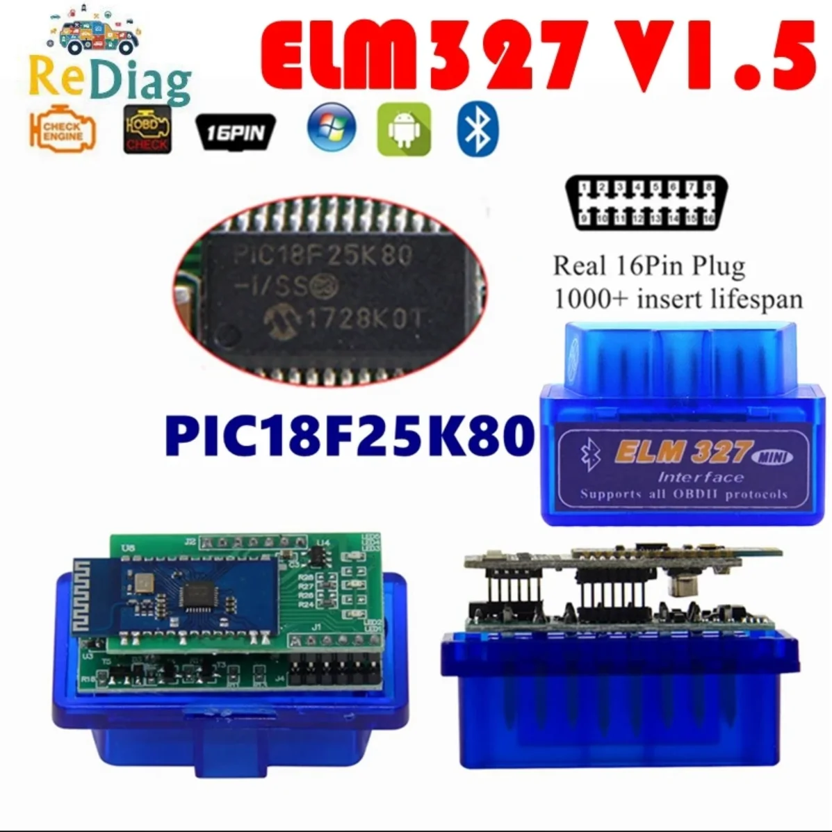 

Аппаратное обеспечение V1.5 Чип PIC18F25K80 ELM327 Bluetooth V1.5 Автоматический считыватель кодов Super MINI ELM 327 работает на Android Symbian
