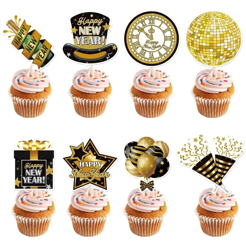 8pcs Cake Toppers Black Gold Beer Cheer New Year Hat Clock Cupcake Cake Decor Happy Party 2024 New Year Party Cake Decoration