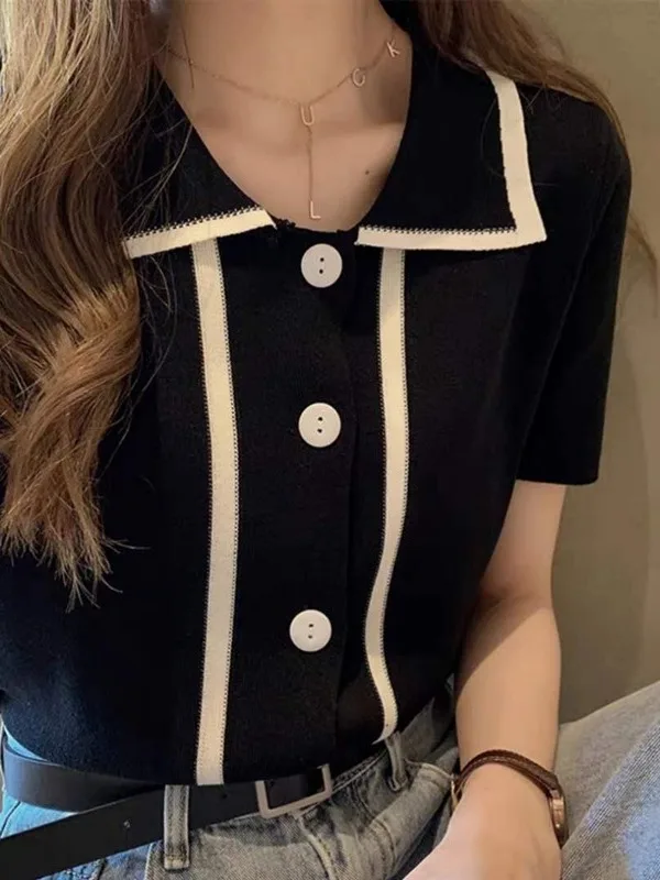 

Summer 2025 New Collar ort Sve Knitted irt Slim Fit Casual Trendy Top Women's Faion Premium Quali T-irt