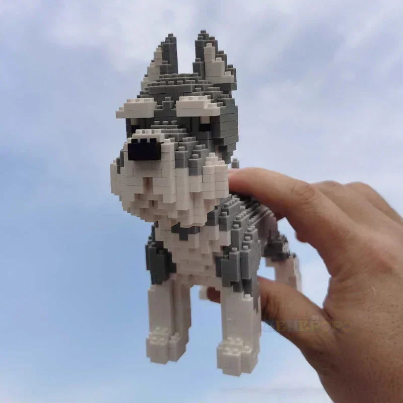 Micro bloques de construcción del mundo Animal de dibujos animados Kawaii para niños, modelo de perro mascota gris, Mini juguetes de diamantes DIY, ladrillos para regalos