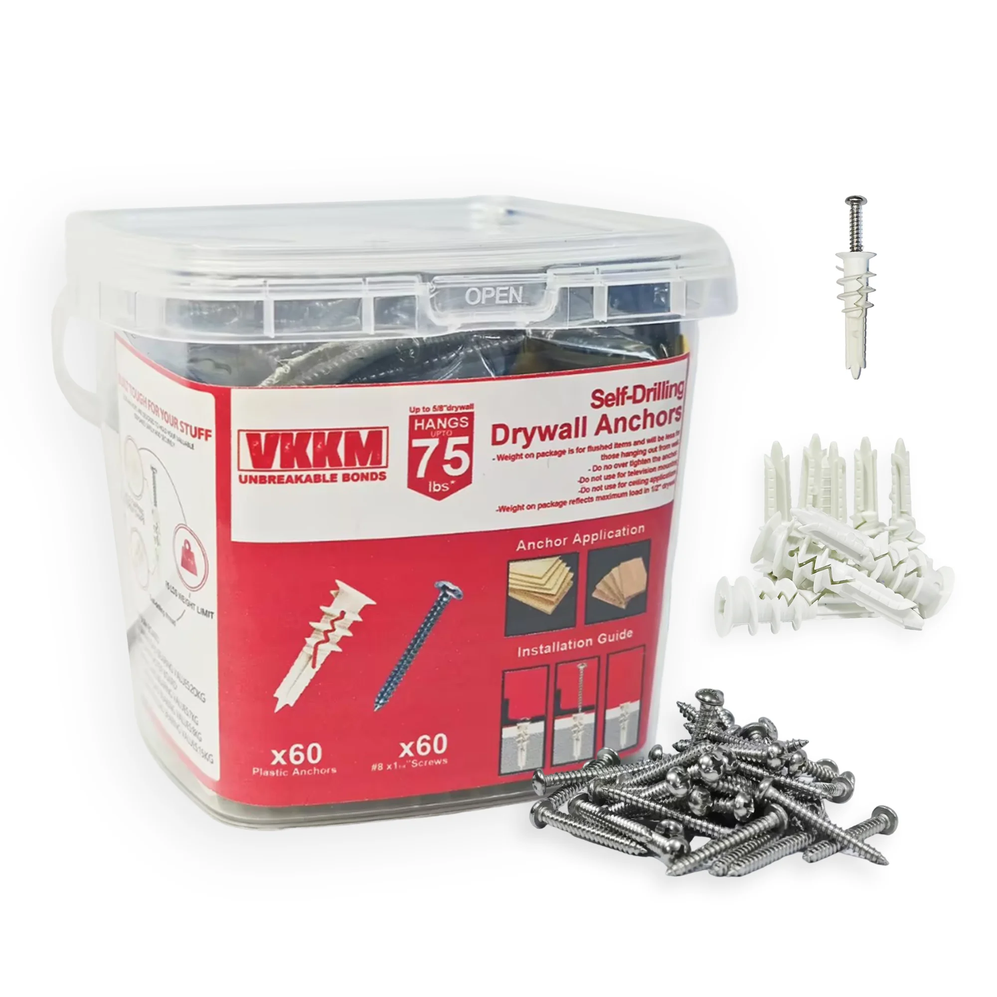 VKKM Self-Drilling Drywall Anchors - 60-Piece Set, Holds 75 lbs, Perfect for Secure Wall Mounting