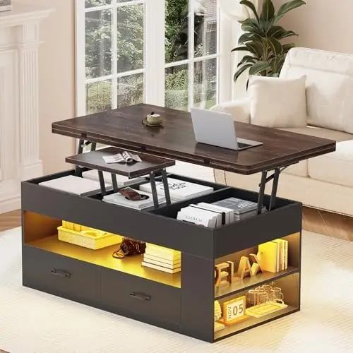 Lift Top Coffee Table, 4 in 1 Coffee Tables with Storage and Hidden Compartment, Farmhouse Coffee Table with 2 Fabric
