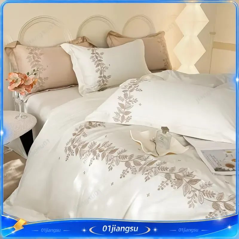 100% Egyptian Cotton Duvet Cover Set Luxury Bedding Chic Embroidery Quilt Cover Fitted Sheet Pillowcases 4Pcs Home Textile