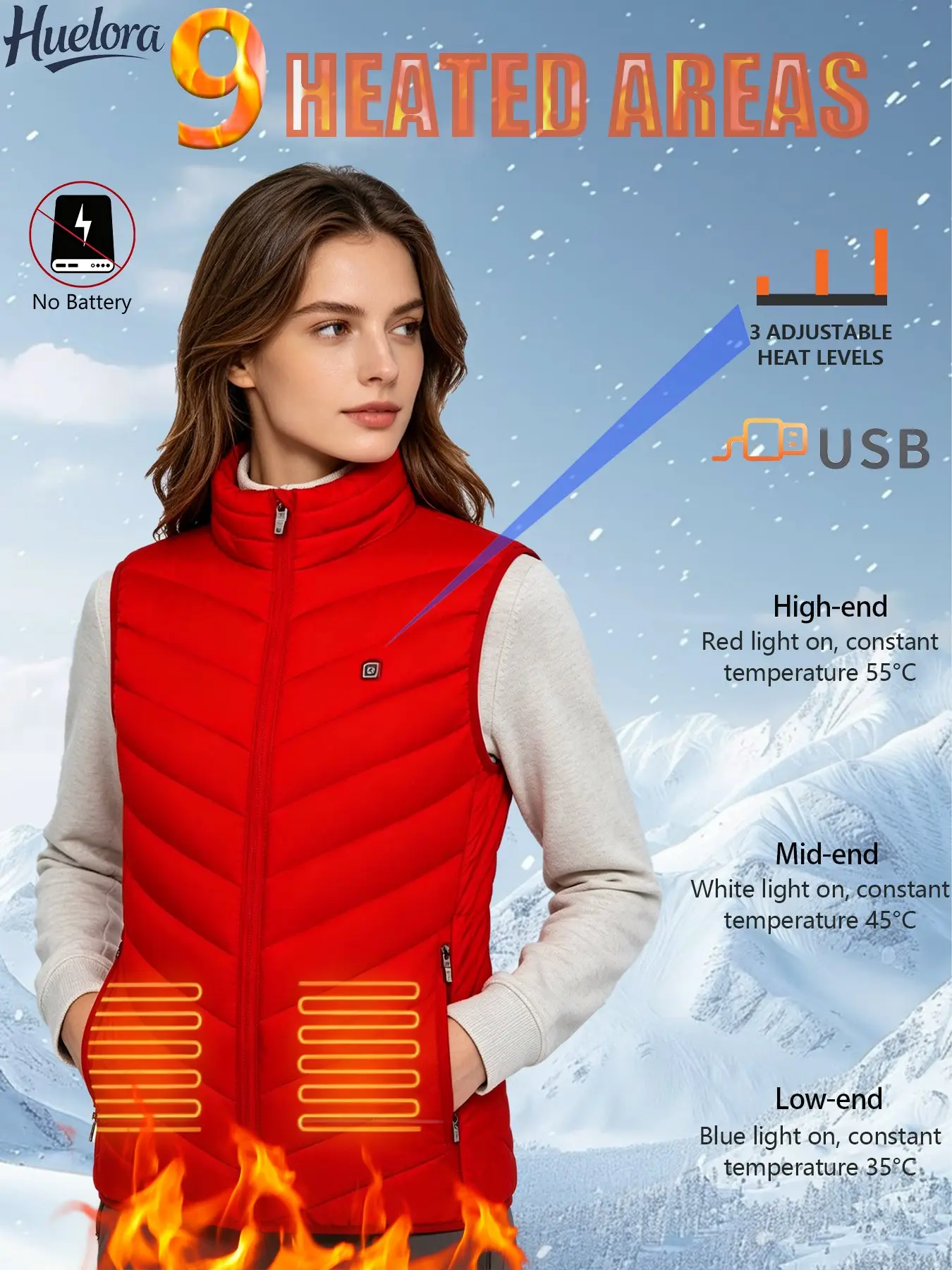Winter Warm USB Heated Vest Men Women 9 Heating Zones 3‑Speed Temperature Control Machine Washable Electric Heating Gilet