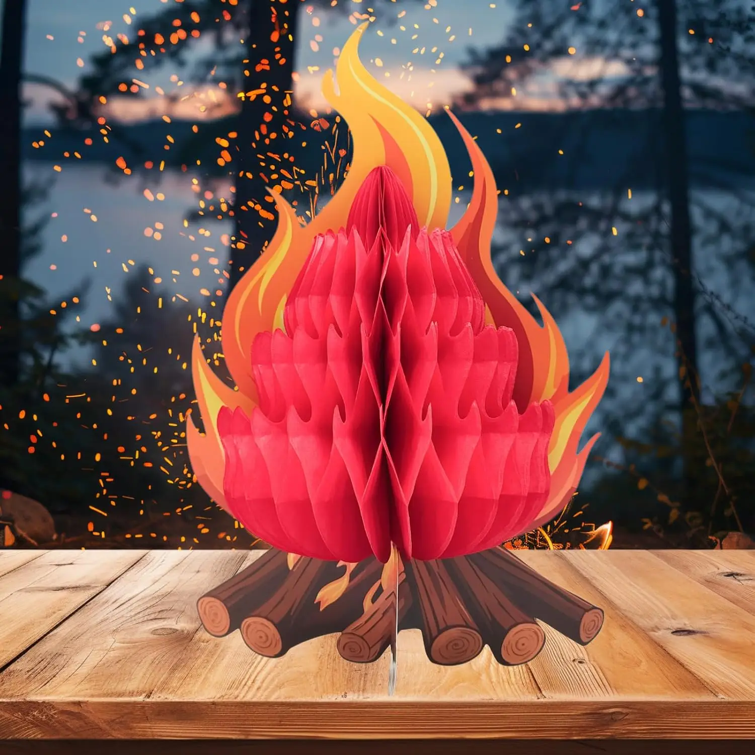 3 Pack Artificial Fire Flame Honeycomb Centerpieces Camping Party Decor Paper Campfire Indoor Outdoor Birthday Halloween Xmas