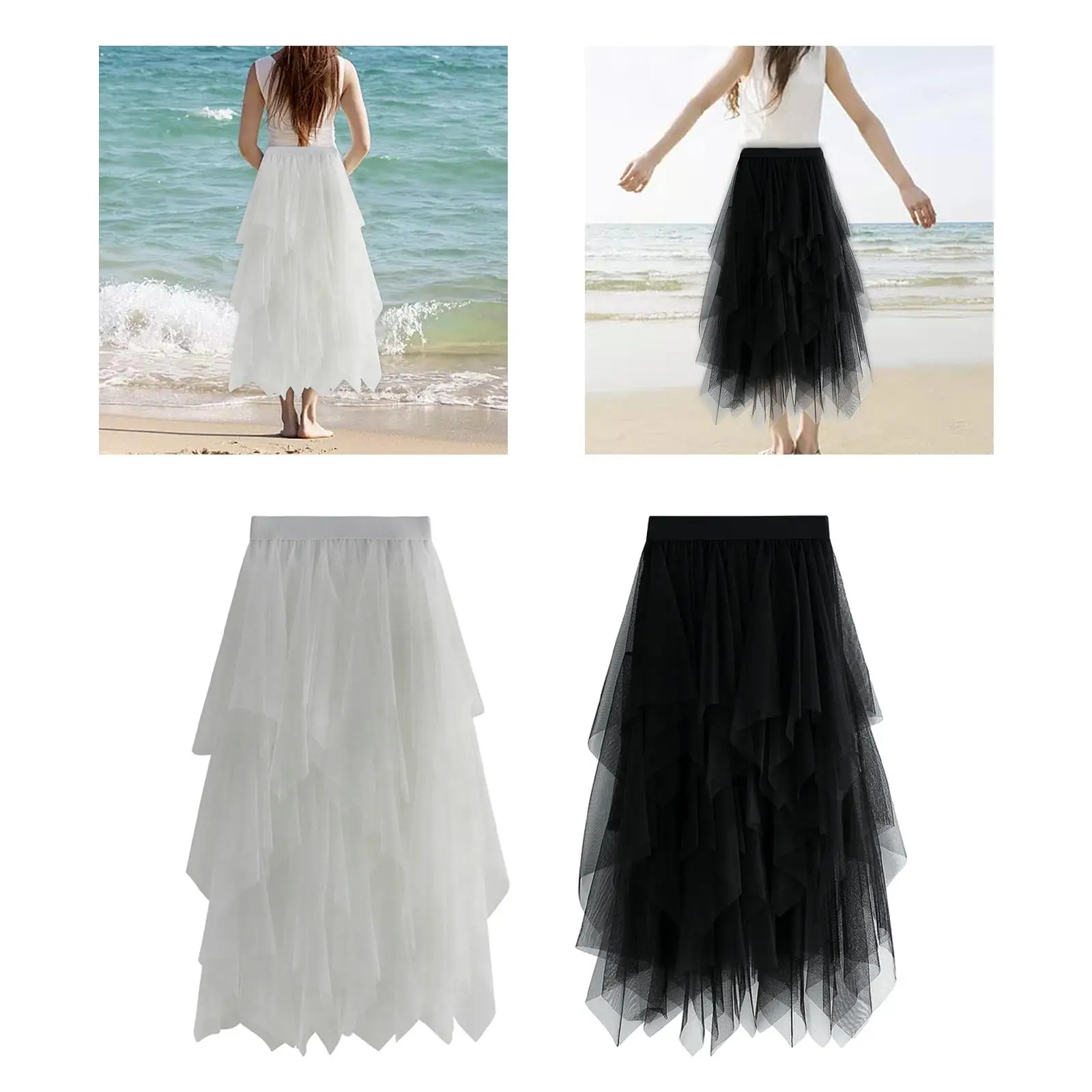 Women's Tulle Skirt High Low Asymmetrical Midi Swing Skirt Elastic High Waist for Wedding Evening Party Formal Prom Daily Wear