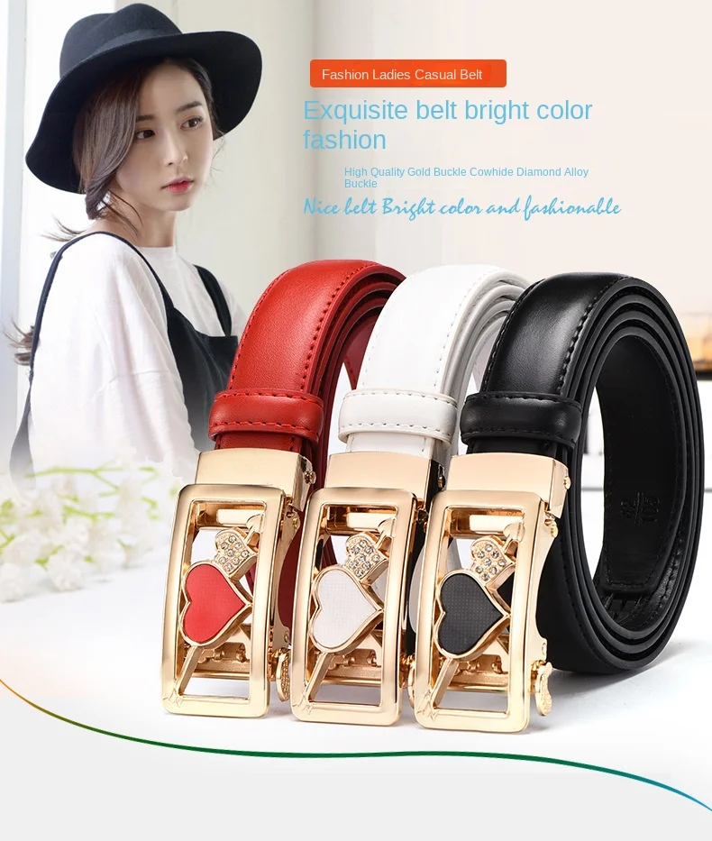 Gürtel im Weidenblatt-Stil für Damen, einfacher und vielseitiger Studentengürtel mit automatischer Schnalle und doppeltem Herz im koreanischen Stil – Detail 1