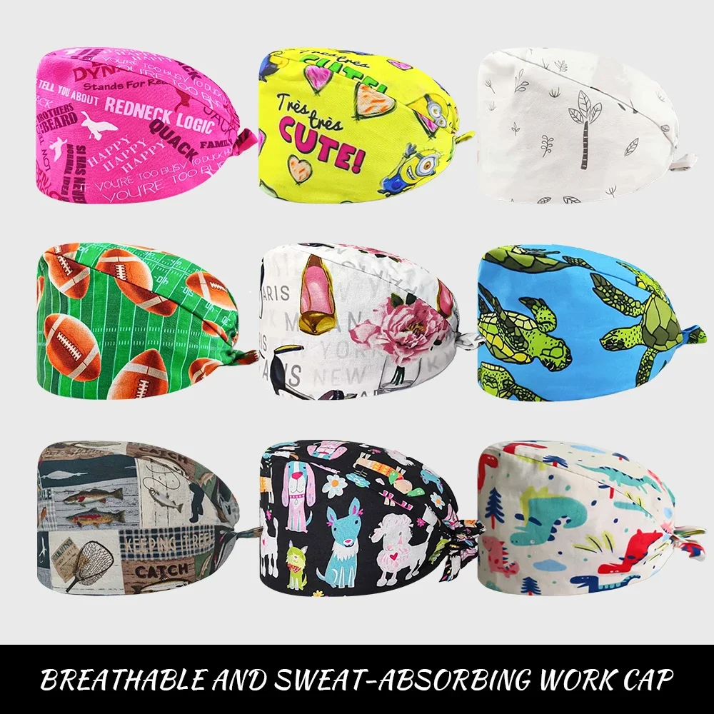 Printed care scrub cap for women Men's Doctor Nurse Medical Cap Cotton Comfort Hygiene Sports bike Chef skull nurse accessories