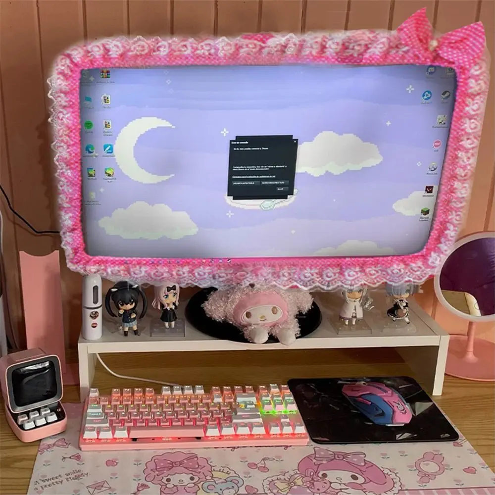 Lace Fabric Computer Frame Cover Monitor Screen Dust Cover With Elastic Pen Pocket Bow Home Decorations