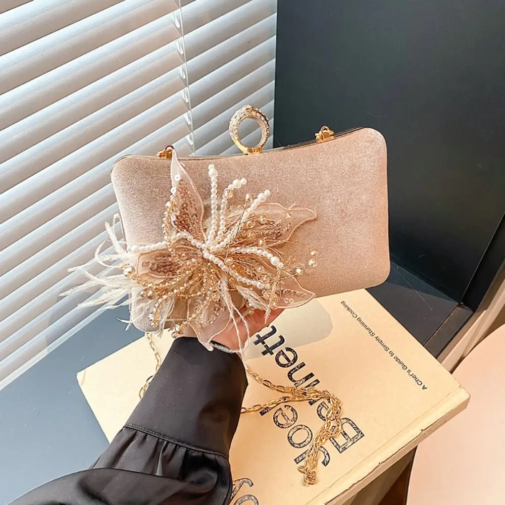 

Retro Rhinestone Evening Banquet Bag Flower Pearl Box Handbag Phone Pouch Velvet Ladies Clutch Bag Party