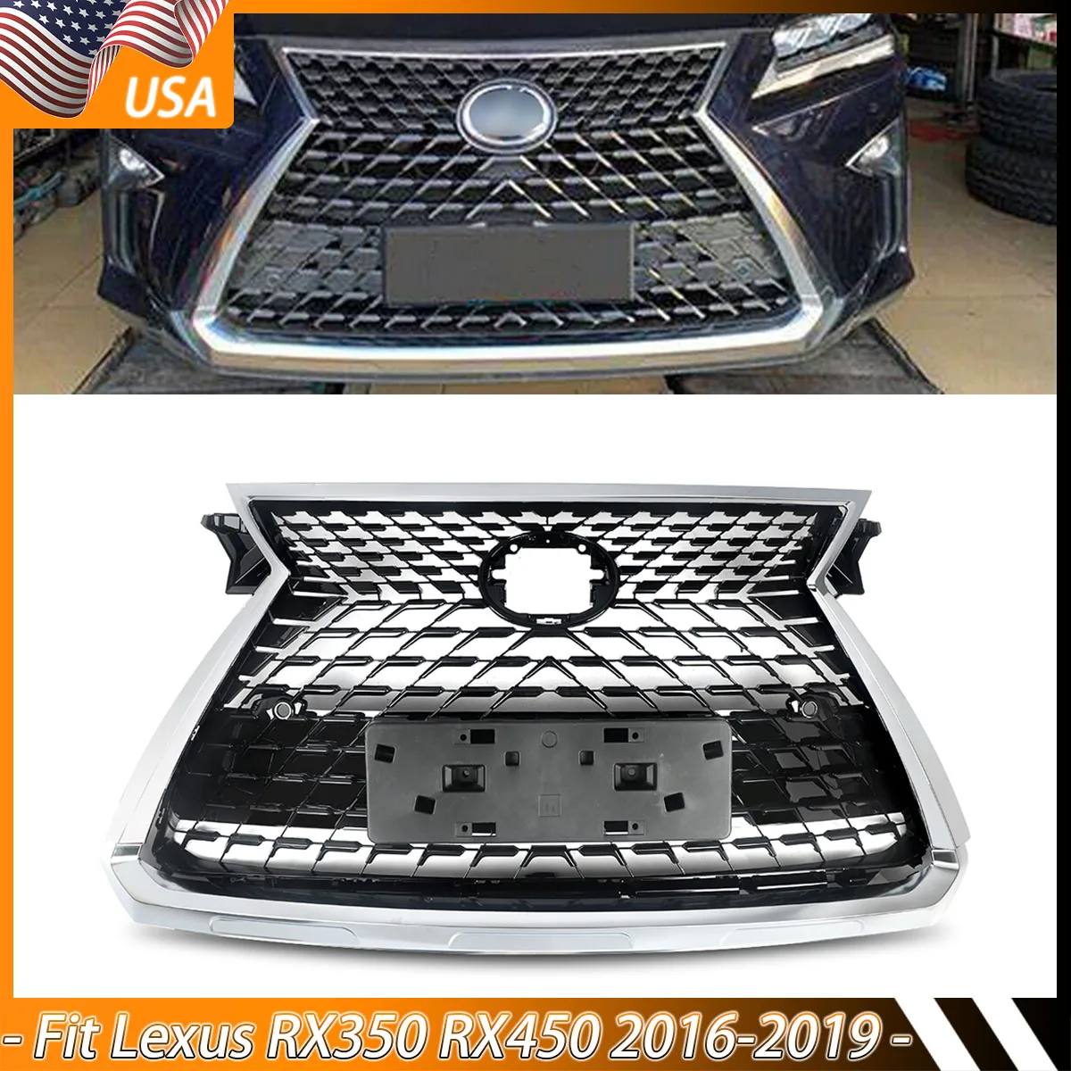 Replace For Lexus RX350 RX350L RX450h 2016 2017 2018 2019 Front Bumper Grill Front Upper Grille Black Chrome Molding