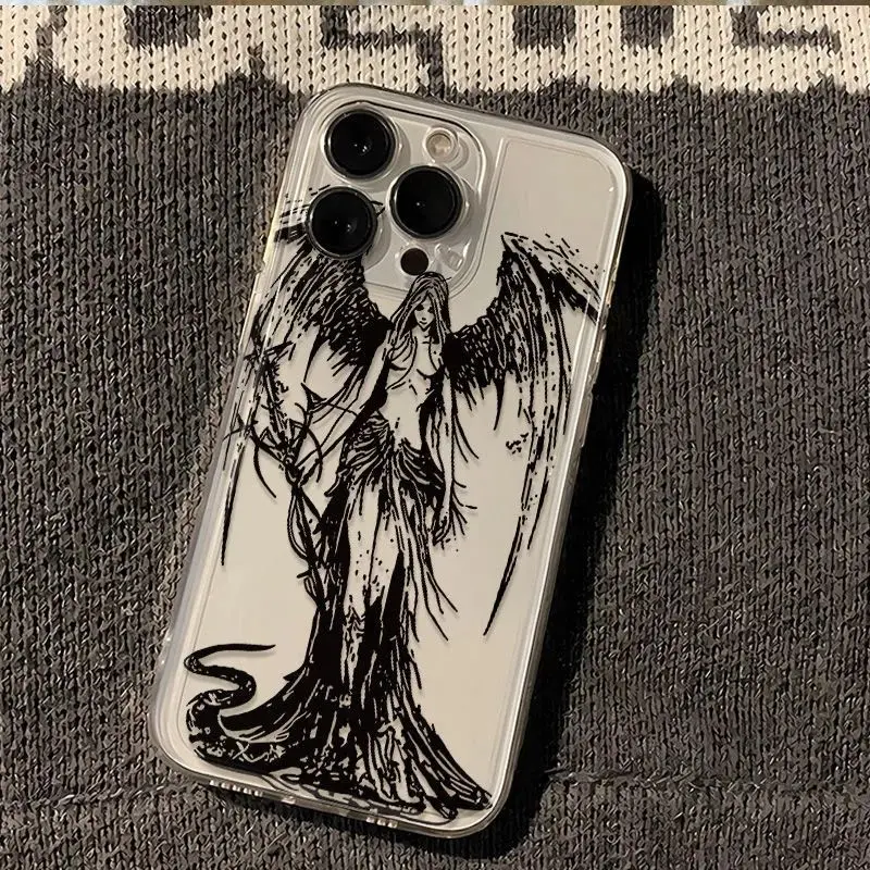 

Phone Case For iPhone 17 16e 16 15 14 13 12 11 Air Pro Max XR XSMax 7 8 Plus Black Angel Death Demon Transparent Soft Back Cover