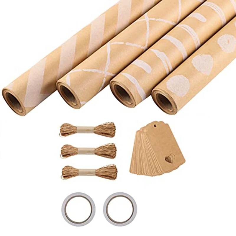 4 Roll Wrapping Paper, Paper Wedding 43 X 300 Cm/Roll Wrapping Paper Set With 2 Adhesive Tapes 3 Ropes 20 Kraft Paper Tags