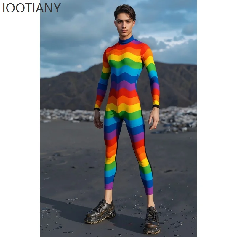 

IOOTIANY Men's Sexy Rainbow Striped Bodysuit Cosplay Halloween Carnival Party Costume Stage Dance Performance Stretch Tights New