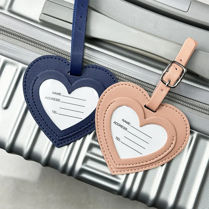 Etykieta bagażowa w kształcie serca ze skóry PU, zawieszka do walizki z adresem, identyfikator do bagażu, klips z imieniem i adresem, akcesoria podróżne