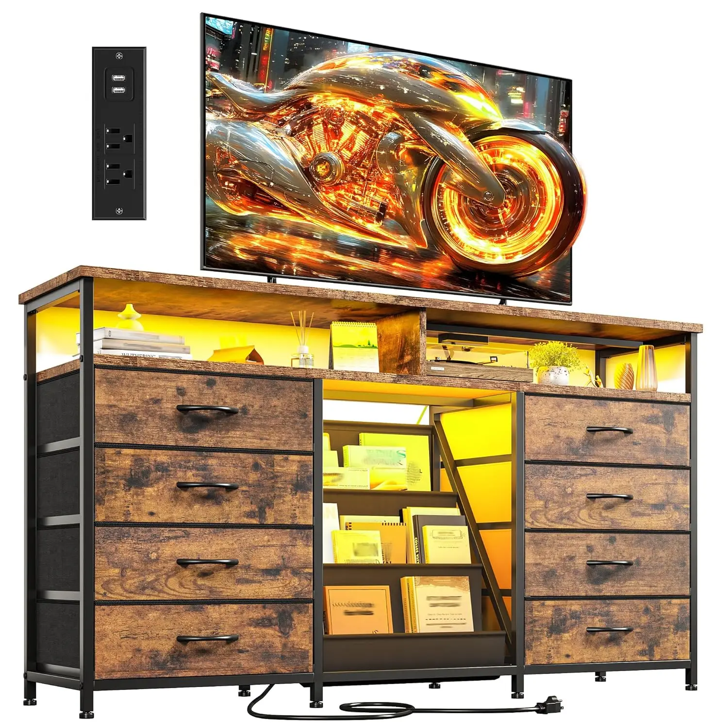 

Тумба-комод 55 дюймов для ТВ с 8 ящиками, розеткой, LED-подсветкой, для спальни/прихожей, черно-коричневая, на заказ