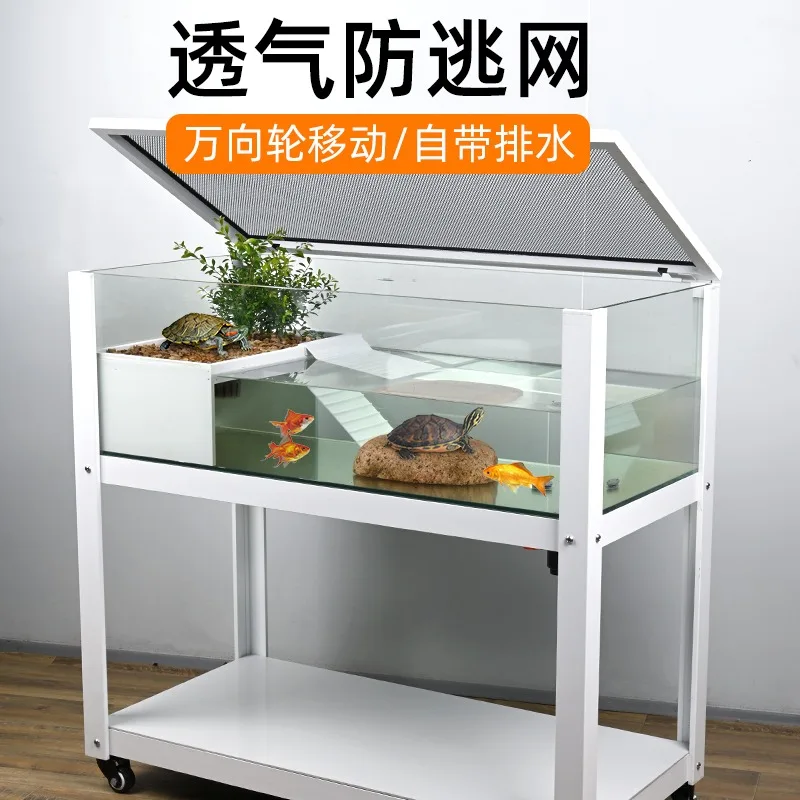 

Turtle ecological landscaping tank large sunscreen amphibious tank with drainage lid anti-escape glass feeding box for large