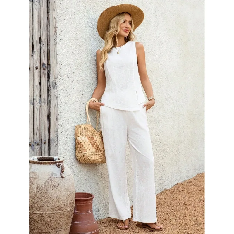 

Women's Summer Linen Blend 2 Piece Set Round Neck Sleeveless Asymmetrical Top and Wide Leg Pants Casual Outfit