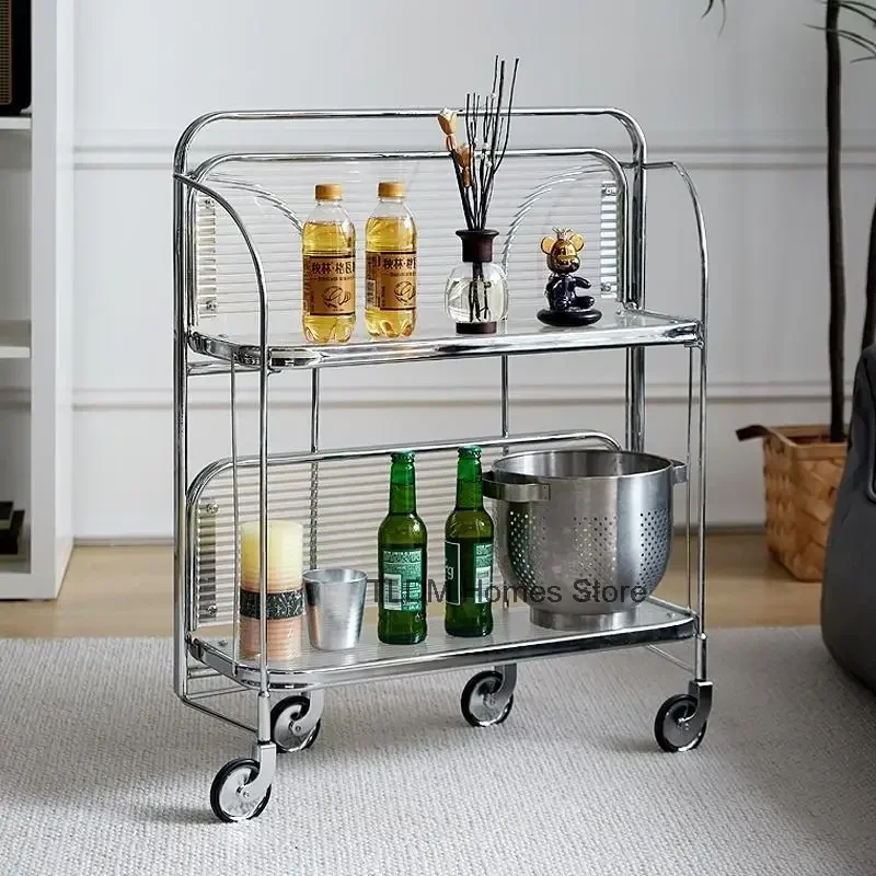 Transparent Glass Dining Car Trolley Home Kitchen Bar Wheel Table Foldable Side Table Living Room Bedroom Mobile Shelf Furniture