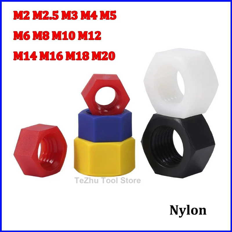 

M2 M2.5 M3 M4 M5 M6 M8 M10 12 M14 M16 M18 M20 Plastic Nylon nut Hexagon Nut Metric Thread Suit For Screws Bolts