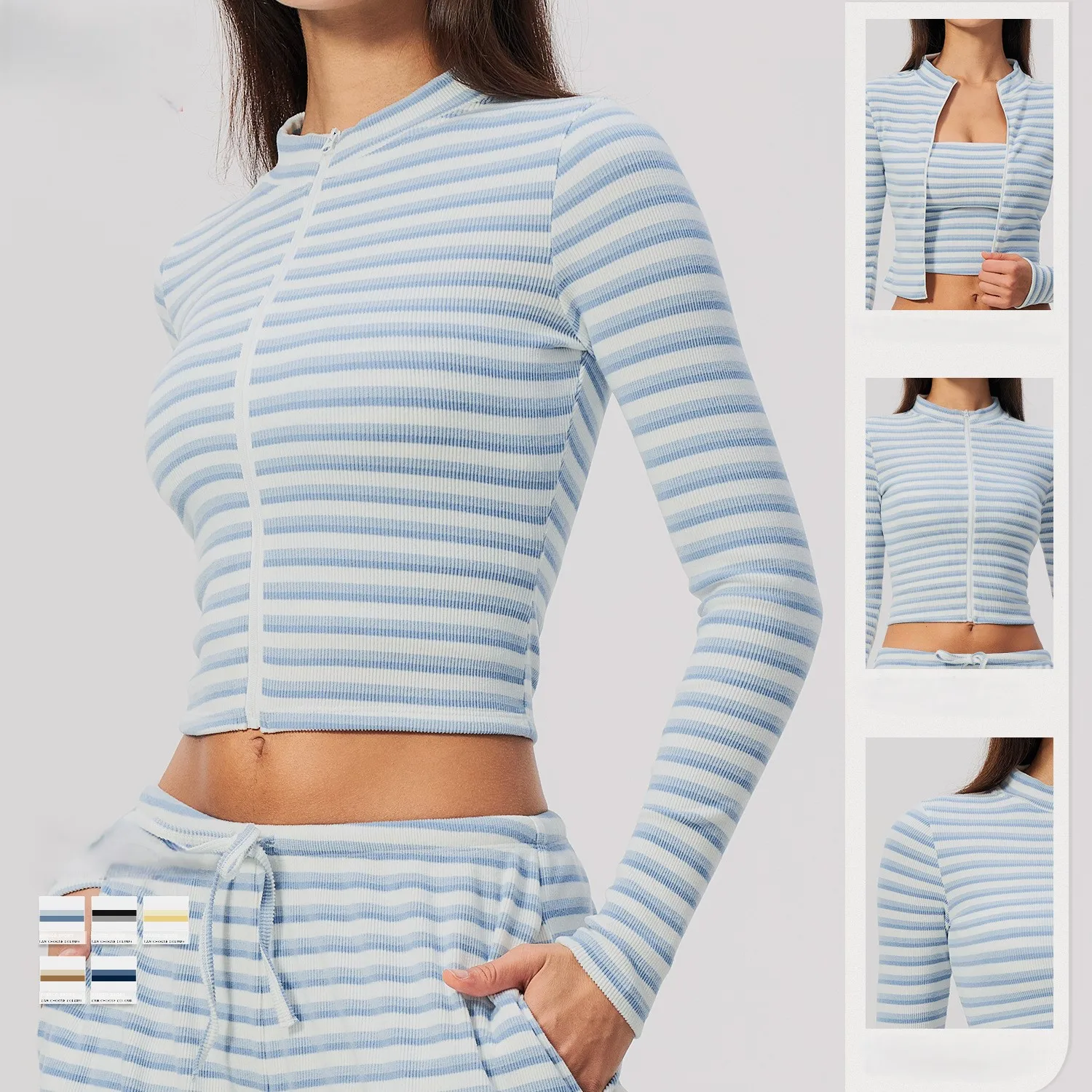Zip Up Fitness Jacket Snow Double Sided Fleece Stand Collar Slim Cropped Striped Sports Jacket Women Gym Yoga Wear