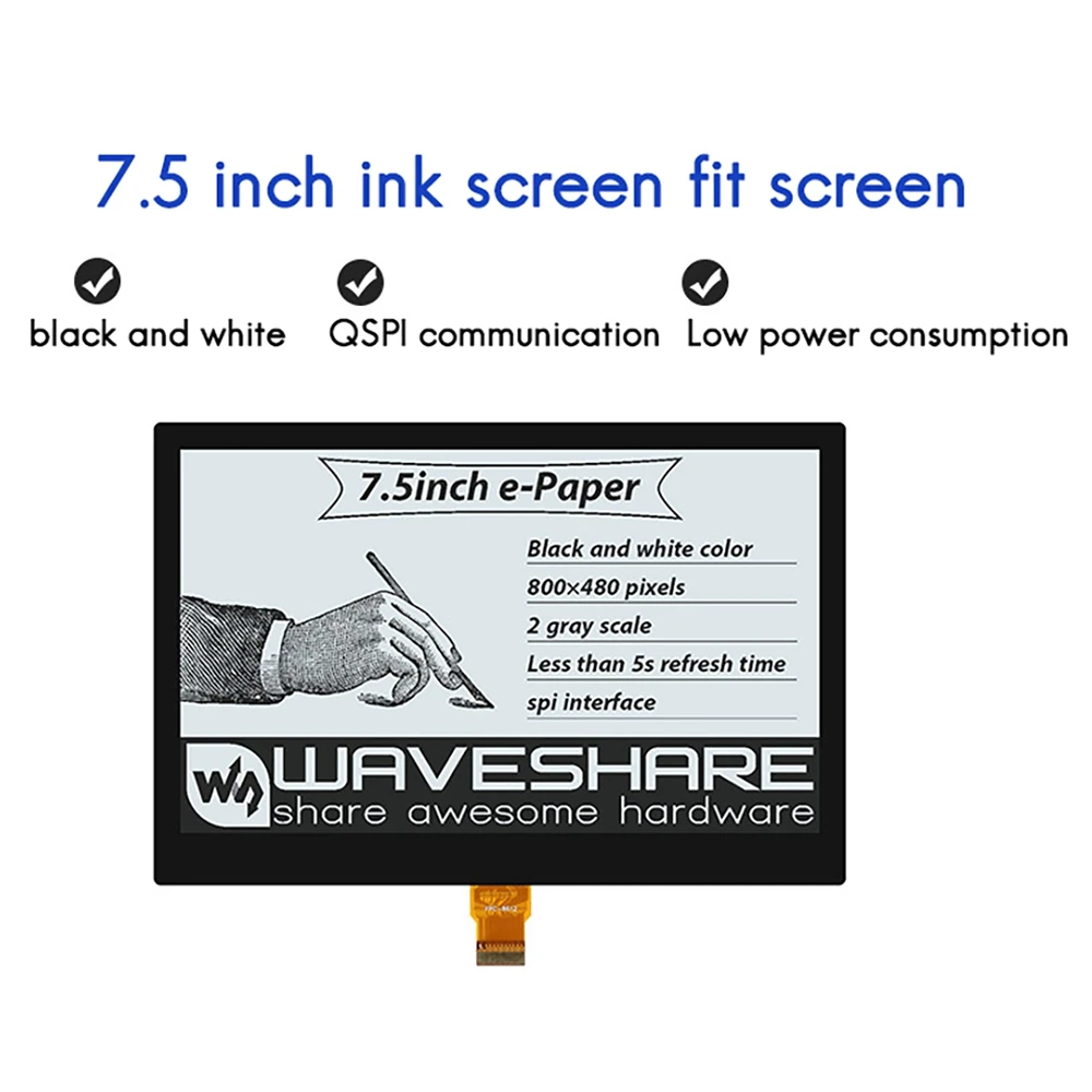 Waveshare Electronic Ink Screen 7.5-Inch E-Paper Full-Fit Screen Global Refresh Black and White Two-Color E-Ink Ink Screen