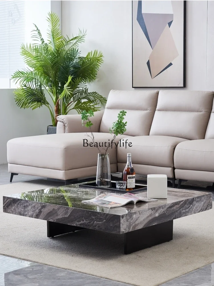 Italian light luxury Venice brown marble rock slab coffee table minimalist stainless steel square table