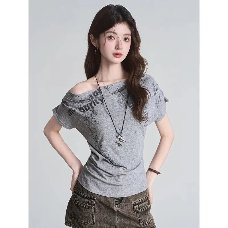 

Y2K Off Shoulder Letter Printing Slim New Tops Summer Short Sleeve Pleated Korean T Shirts Fashion High Street Women Clothing