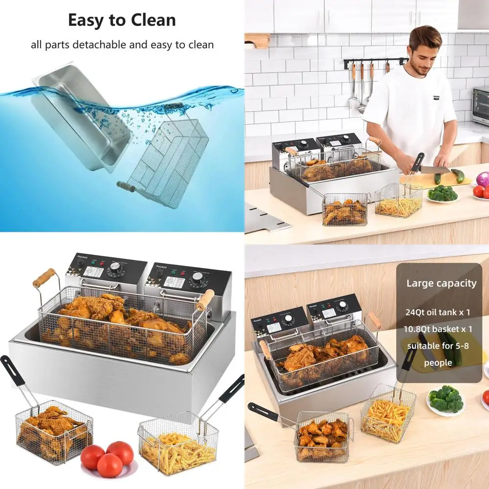 

Электрическая фритюрница из нержавеющей стали емкостью 22,6 л с корзиной, контролем температуры и двойной защитой от перегрева для домашнего и делового использования