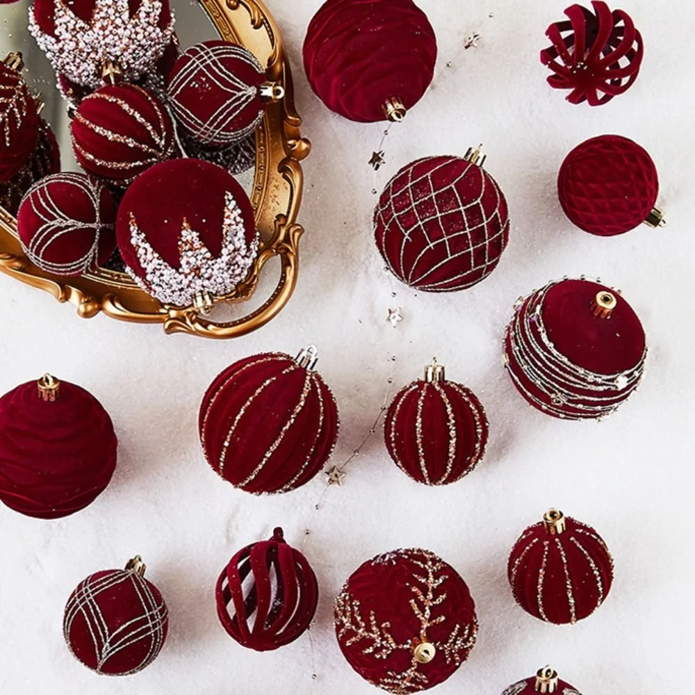 4pcs 6/8cm Wine Red Flocking Christmas Balls Sparkling Various Style Combinations Christmas Tree Ornament Balls Sequined