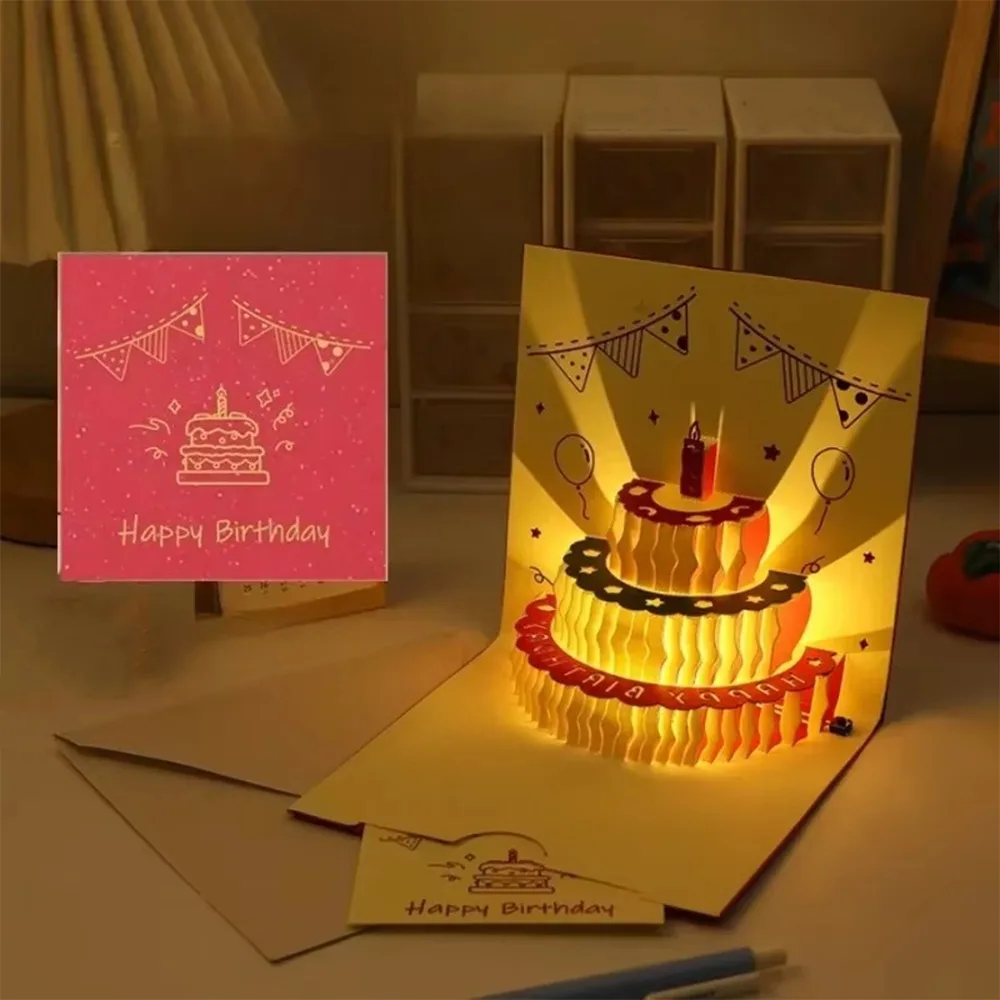 

Hollow Carving 3D Cake Birthday Card Folding with Envelope Pop-Up Greeting Card Unique Funny Gift Message Cards Valentine Day