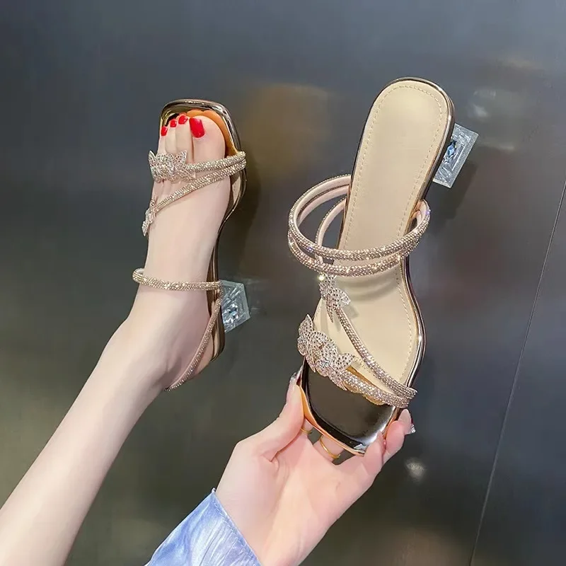 

Women's Summer New Versatile Crystal Heel Square Toe Open-toe Sandals High-end Fashion Butterfly Rhinestone Flip-flops