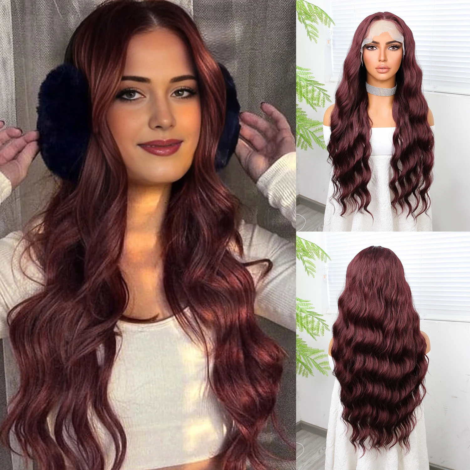 13*4 Lace  wine red Long Wavy Synthetic Wig for Women Natural  Part Wig Heat Resistant Soft Daily Hair Party Use