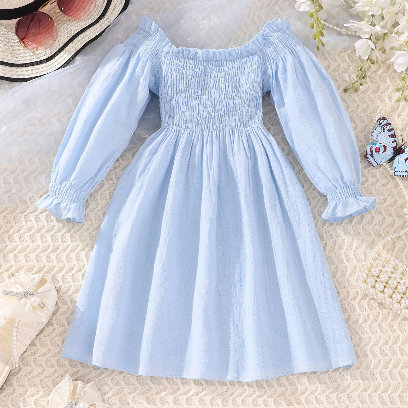 2 3 4 5 6 7 Years Old Toddler Girls Long Sleeve Solid Color Princess Dress Pleated Dance Party Dresses Children Clothes Autumn