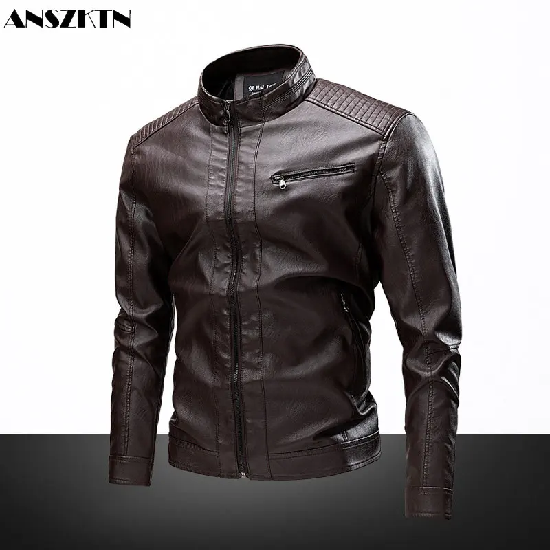 

ANSZKTN Men stand-up collar handsome autumn winter casual men's motorcycle jacket sport PU leather jacket