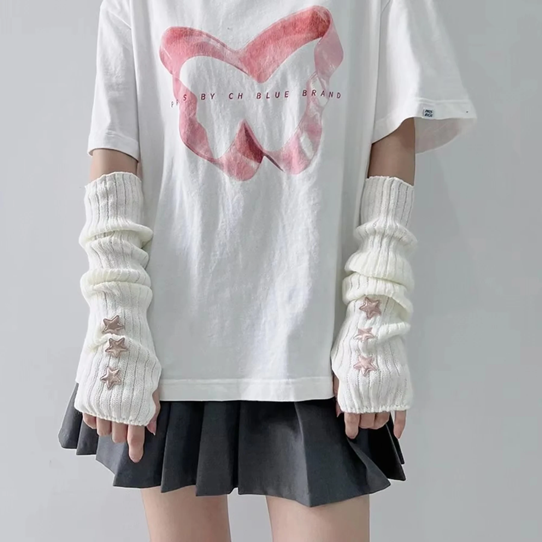 Women Gothic Y2K Star Knit Arm Warmers  Long Knit Fingerless Sleeve Gloves Ribbed Stretchy Aesthetic Streetwear Hand Warmers