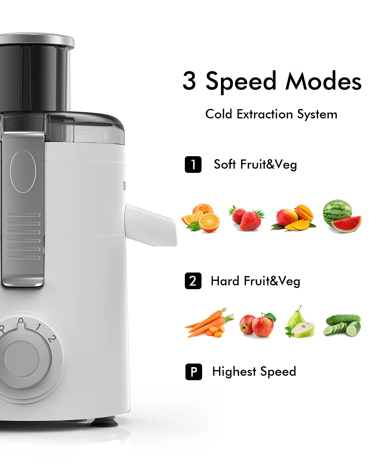 SiFENE-Machine à jus compacte, extracteur de jus centrifuge pour jus de fruits et légumes, 3 vitesses, convivial et facile à nettoyer, blanc