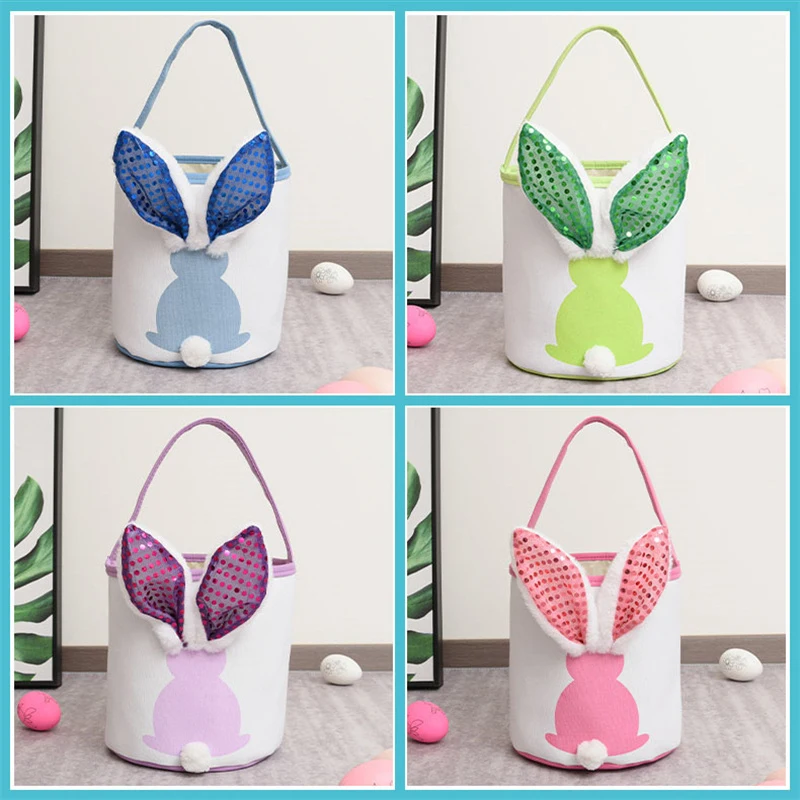 Glowing Rabbit Ears Easter Bunny Tote Bag Soft Bucket Tote Bag Candy Gift Storage Bag Easter Decorations Party Supplies