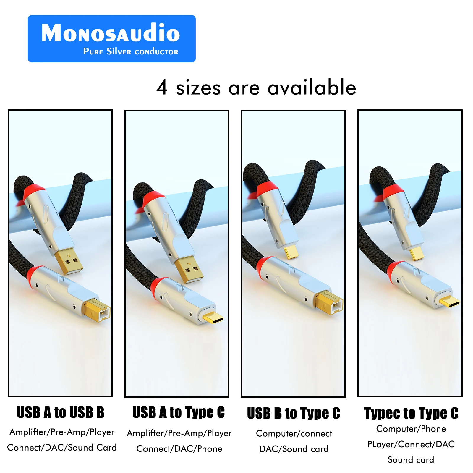 Monosaudio Nano Seires HiFi USB Audio Cable Pure Silver USB A to B DAC Decoder Amplifier Audio Signal Line Type C to B Cable