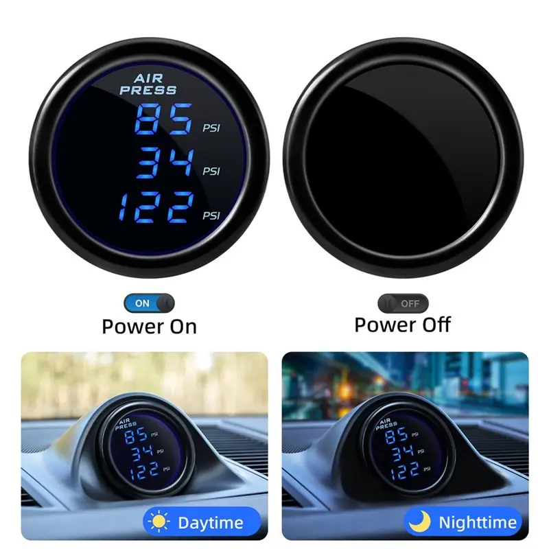 M50K-For Car Truck Gauge 52Mm LED Air Pressure Gauge Triple Dual Display Air Ride Suspension Gauge With 1/8NPT Sensor Connection