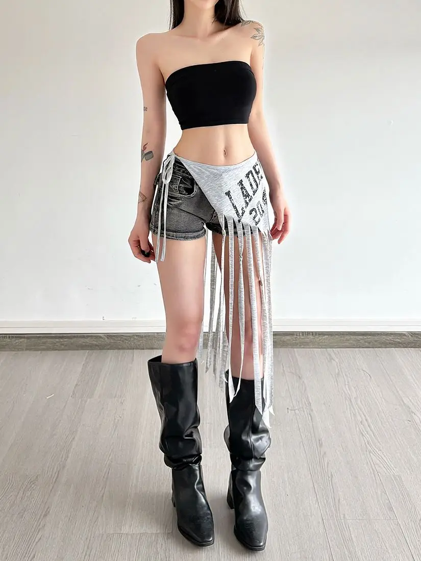 American Street Style Worn-In Print Cool Fashion Tassel Patchwork Half Skirt Women's Design Jazz Dance Waist Seal Accessory