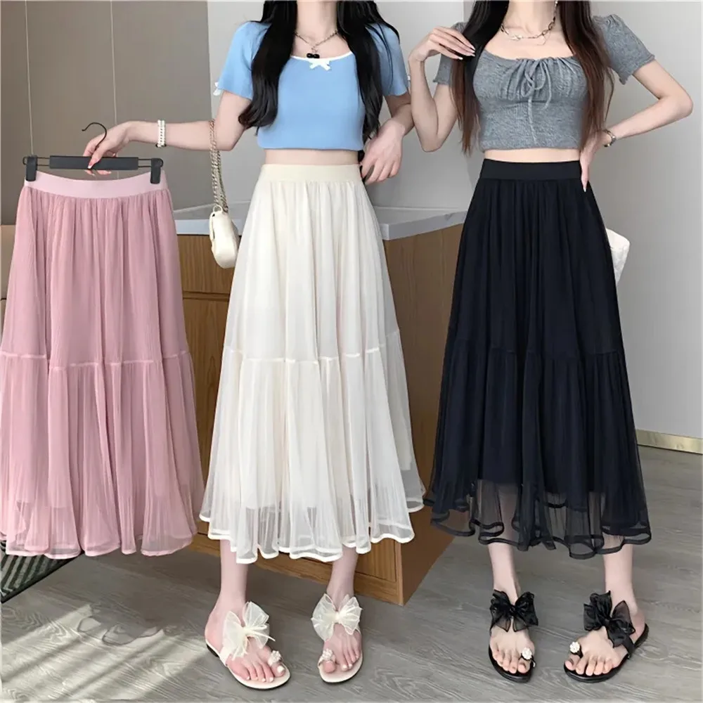 Beach High Waist Fashion Pleated Long Ruffle Skirt Women Mesh Elastic A-Line Skirt Korean Chic Sweet Fairy Princess Tulle Skirts